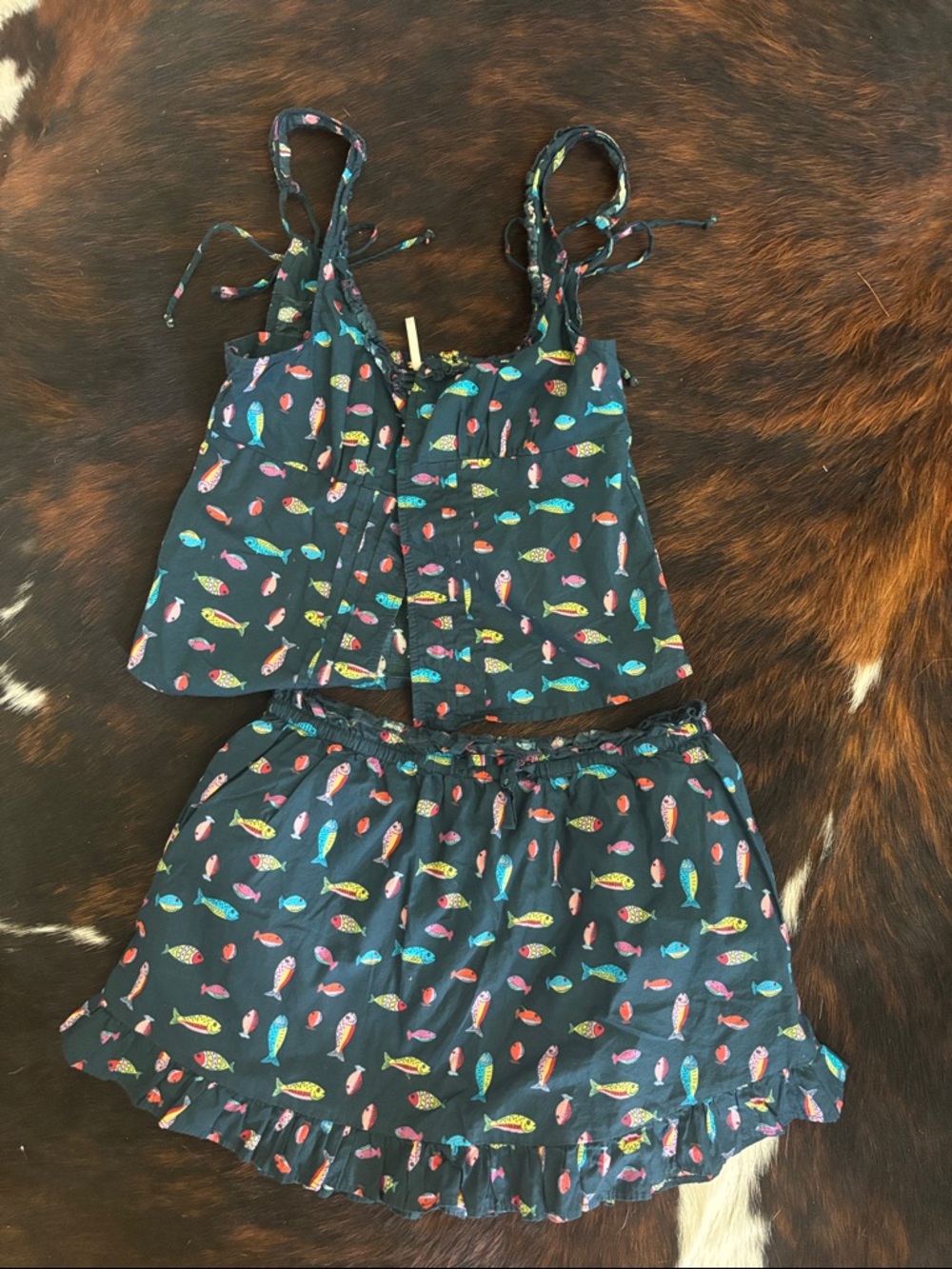 Free People Navy Two-Piece Tank & Ruffled Mini with Colorful Fish Print - Picture 2 of 3